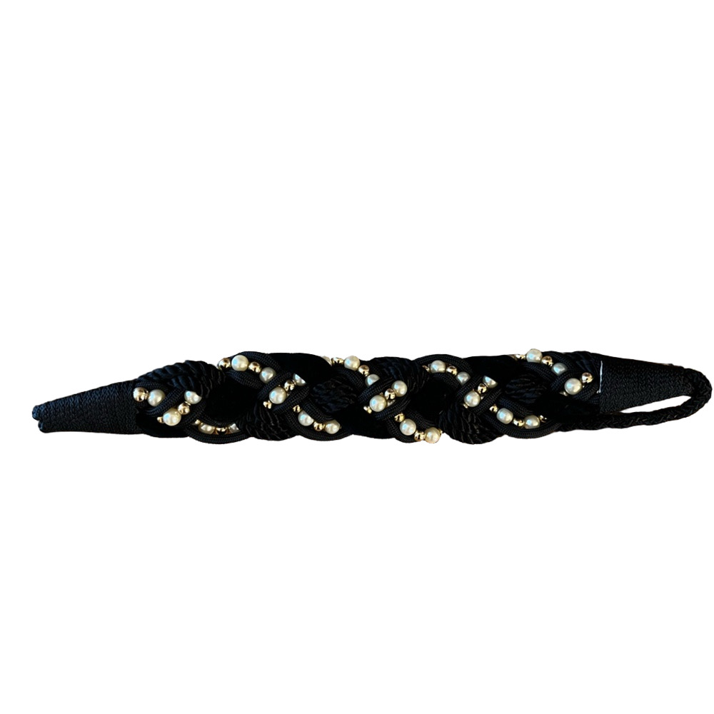VTG Unique Black Macrame Braided Rope Belt Pearl Gold Beaded Hook S/M